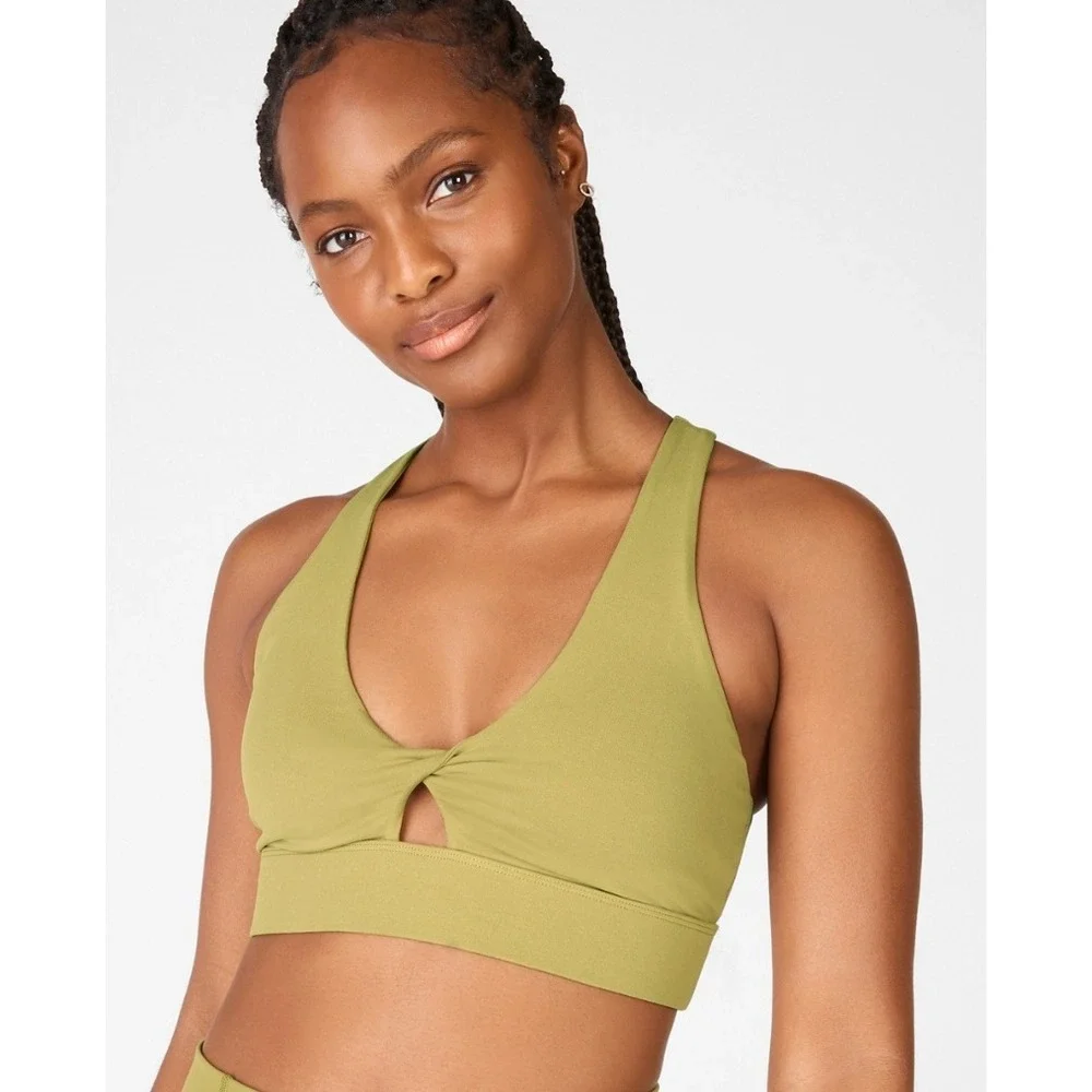 Fabletics Oasis Twist Front Sports Bra Sage Green Crisscross Back Medium - Picture 2 of 7